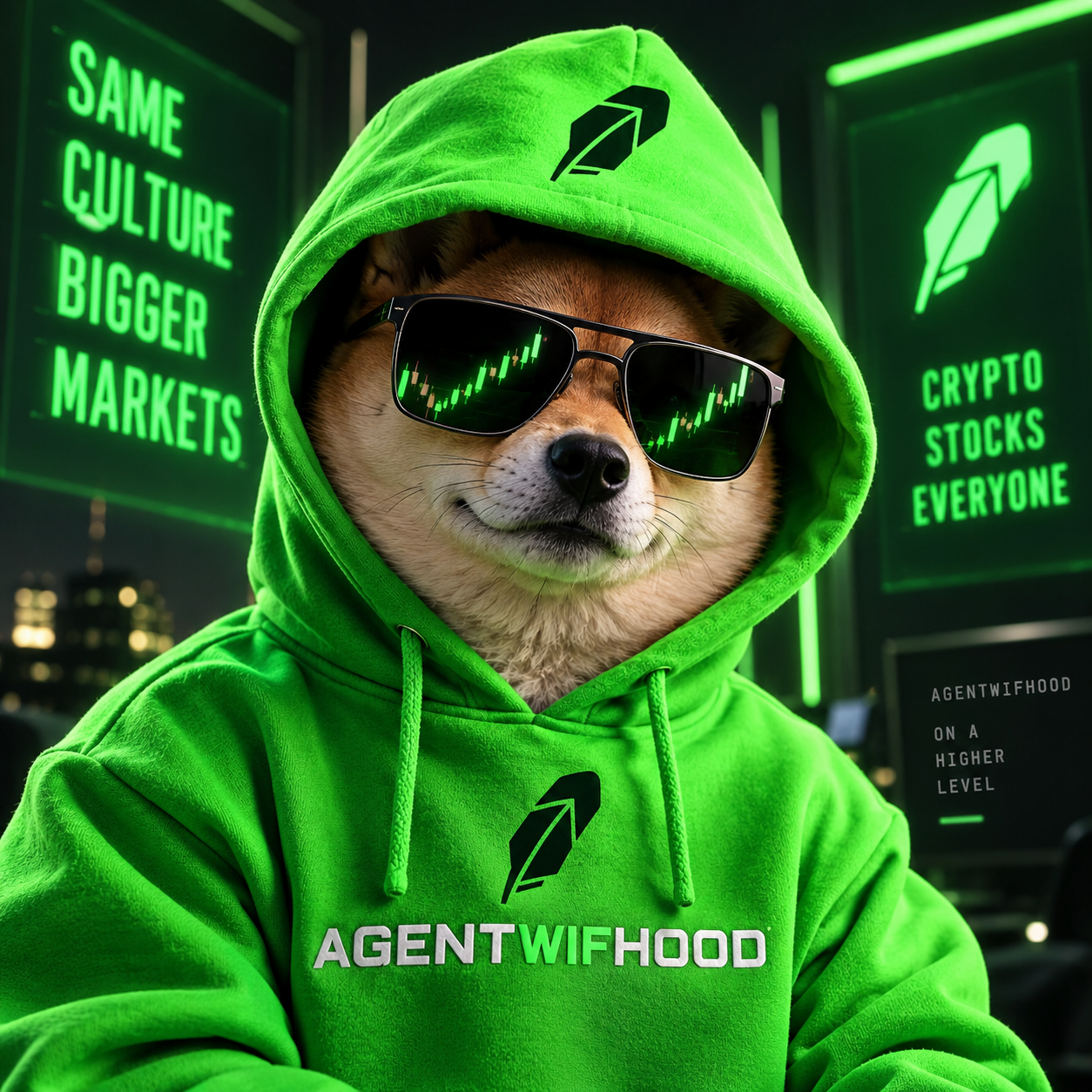 Agentwifhood’s Shiba mascot in a neon-green hoodie and sunglasses