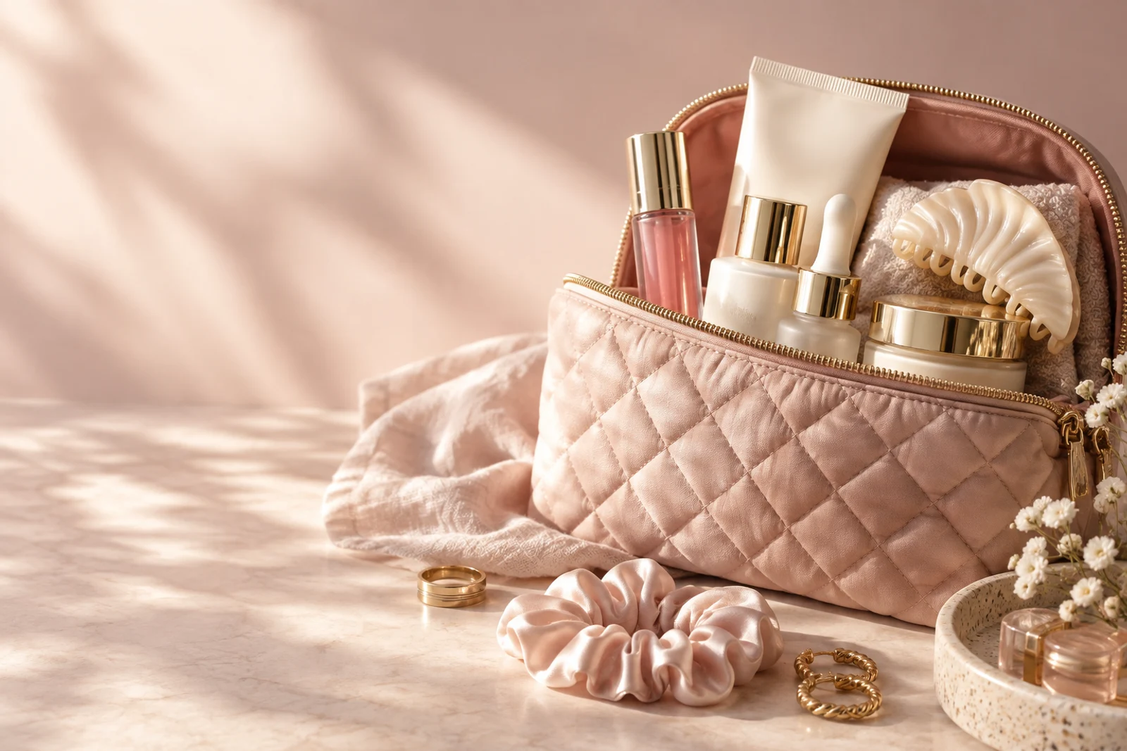 Glow & Go’s blush beauty pouch with everyday beauty essentials